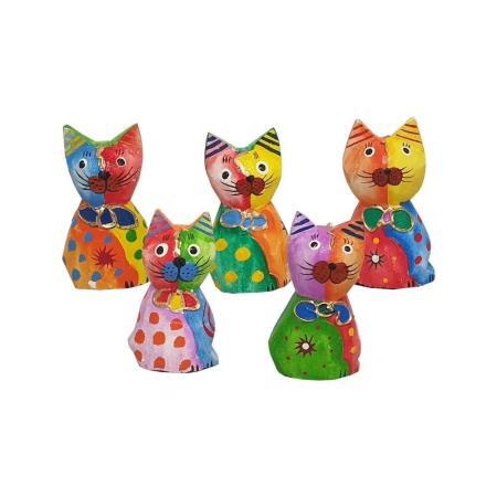 Abstrakte handgeschnitzte Katzen, bemalt – 5er Set, 10 cm